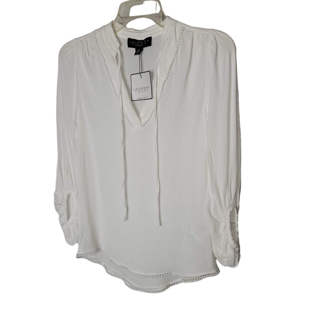 Laundry by Shelli Segal Lace Trim Blouse Shirt V-Neck Long Sleeve White Size XS